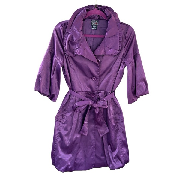 Satin Women’s Jacket Sz S Purple Ruffles Balloon Sleeve Party whimsy Artsy GUC - Picture 2 of 16
